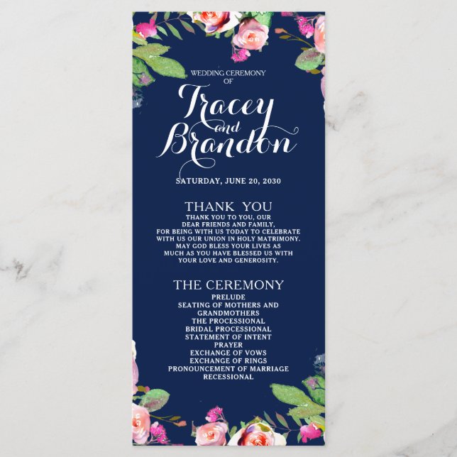 Floral Chic Navy Blue Elegant Wedding Program (Front)