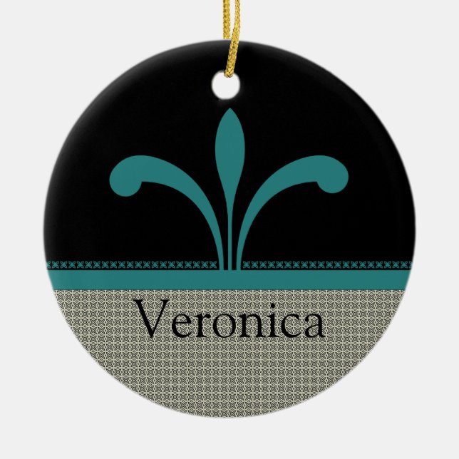 Floral Chic Ornament, Teal Ceramic Tree Decoration (Front)