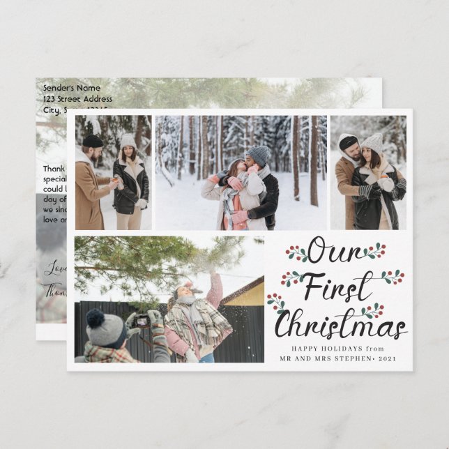 Floral Chic Our First Christmas 4 Photo Collage Postcard (Front/Back)