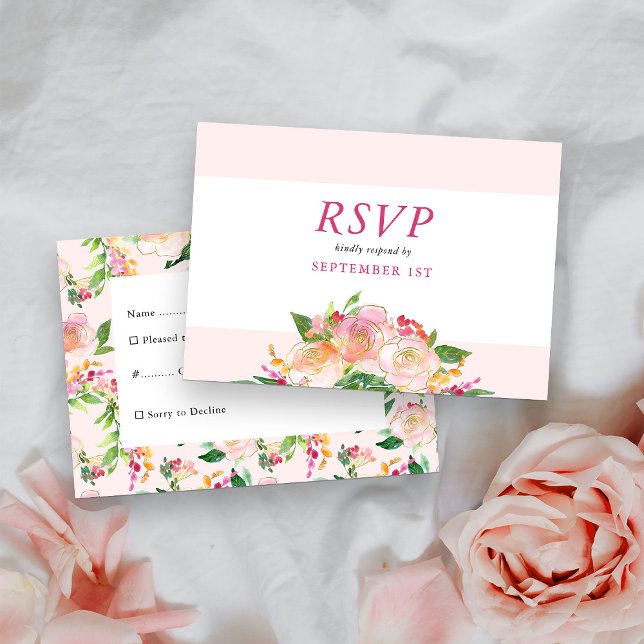 Floral Chic Pink and Gold Flowers RSVP Card (Pretty RSVP card from my Floral Chic Quinceanera Collection
)