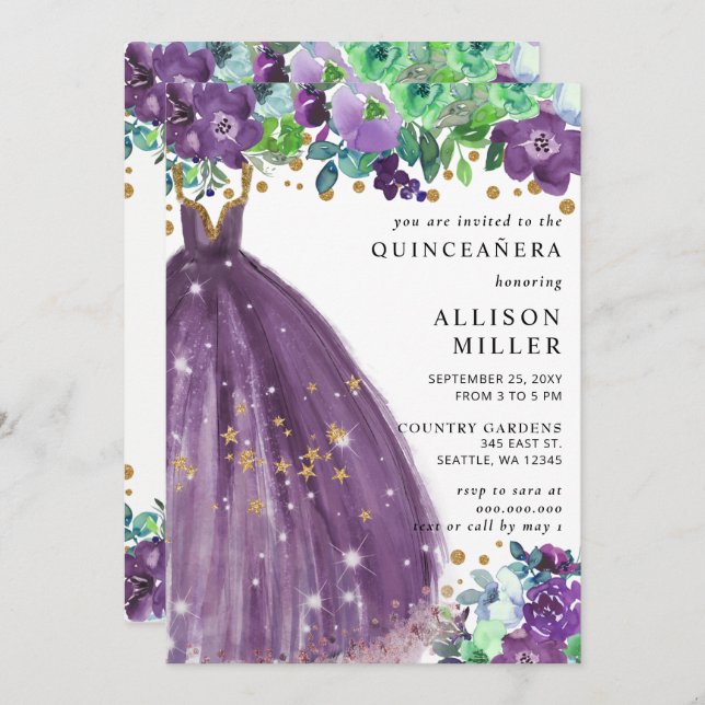 Floral Chic Purple Gold Glitter Dress QUINCEAÑERA Invitation (Front/Back)