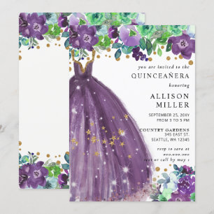 Floral Chic Purple Gold Glitter Dress QUINCEAÑERA Invitation