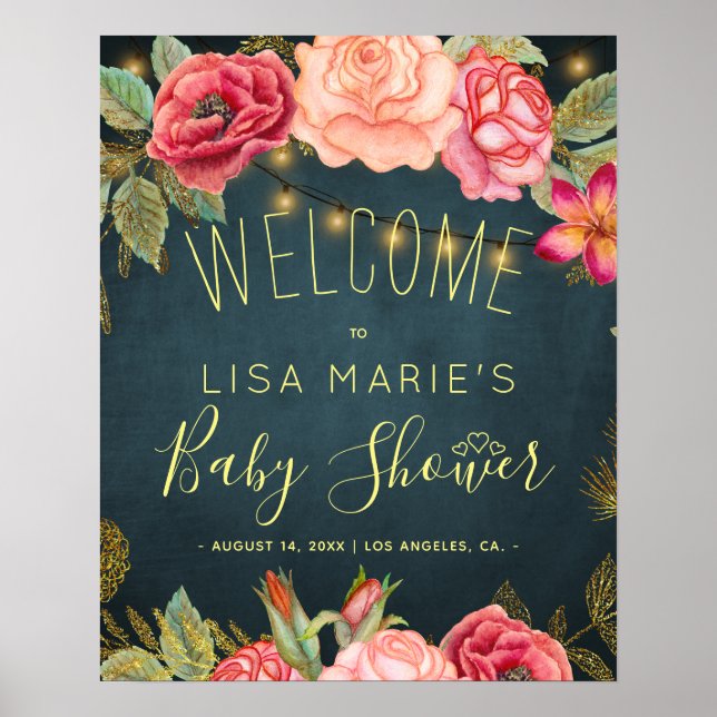 Floral chic roses baby girl shower welcome sign (Front)