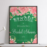 Floral chic rustic bridal shower welcome sign<br><div class="desc">Chic and classy bridal shower sign poster with rustic blush pink peonies and twinkle shimmering lights on fern green wood background. Ideal for your spring summer | garden |autumn fall | country rustic themed bridal showers.</div>