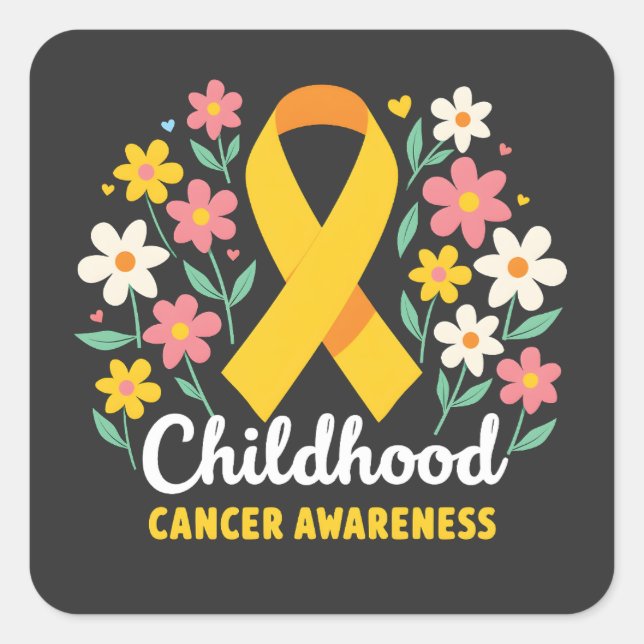 Floral Childhood Cancer Awareness Yellow Ribbon Square Sticker (Front)