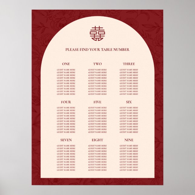 Floral Chinese Wedding 9 Table Seating Chart (Front)