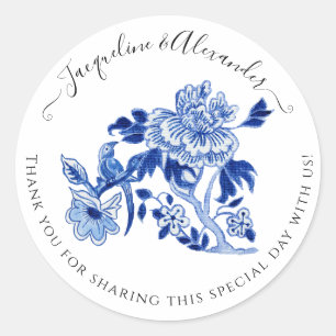 Floral Chinoiserie Bird Foliage Blue White Wedding Classic Round Sticker