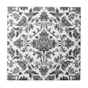 Floral Chinoiserie Black & White Watercolor Ceramic Tile