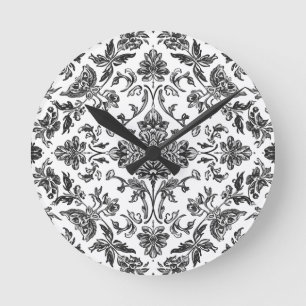 Floral Chinoiserie Black & White Watercolor Round Clock