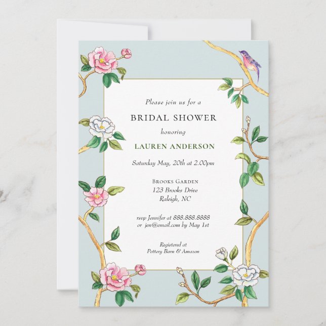 Floral Chinoiserie Blue Bridal Shower  Invitation (Front)