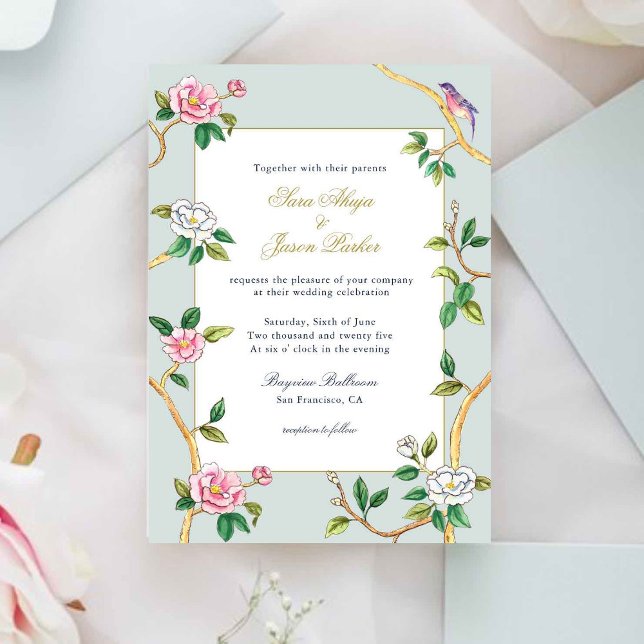 Floral Chinoiserie Grey Blue Wedding  Invitation (Creator Uploaded)