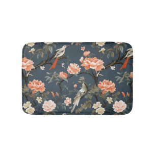 Floral Chinoiserie on Denim Blue Bath Mat
