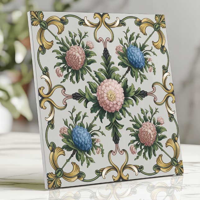 Floral Chinoiserie Pink and Blue Chrysanthemum Ceramic Tile (Creator Uploaded)