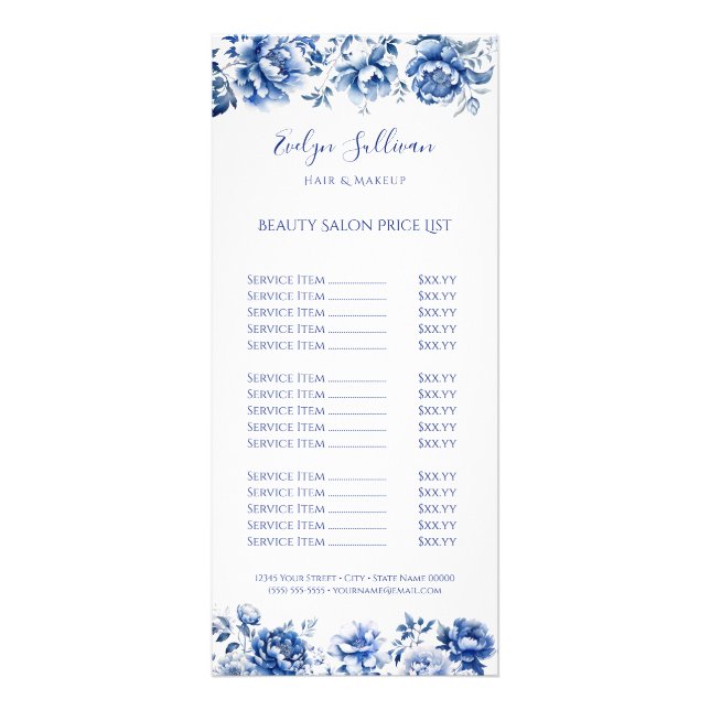 Floral chinoiserie price list rack card (Front)
