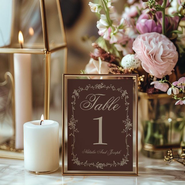 Floral Chocolate Brown Beige Wedding Table Number (Creator Uploaded)