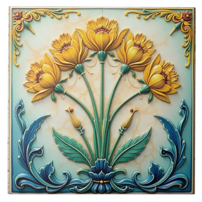 Floral Chorus in Yellow Ceramic Tile (Front)