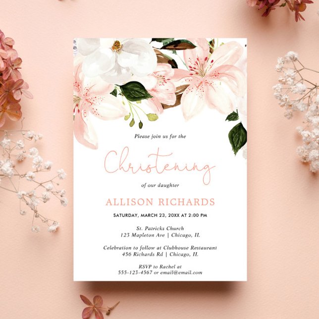 Floral Christening lilies blush pink white greener Invitation (Creator Uploaded)
