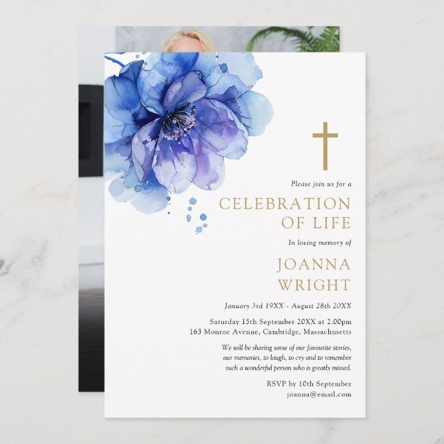 Floral Christian Celebration Of Life Funeral Photo Invitation (Front/Back)