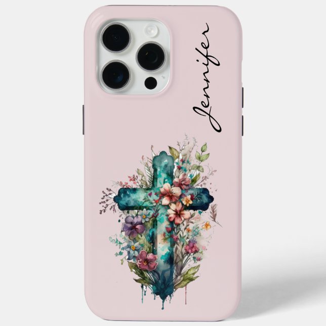 Floral Christian Cross iPhone 15 Phone Case (Back)