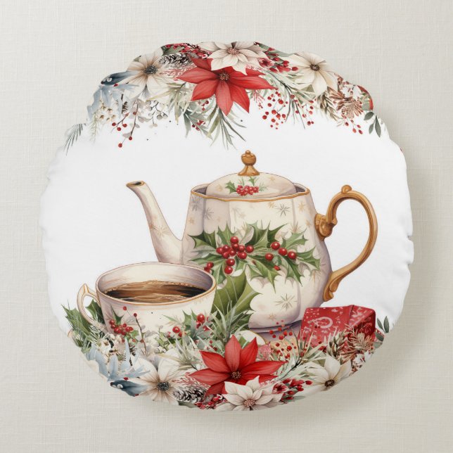 Floral Christmas Afternoon Tea Holiday Round Cushion (Front)