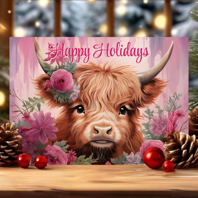 Floral Christmas Baby Highland Cow Happy Holidays Holiday Card (Creator Uploaded)
