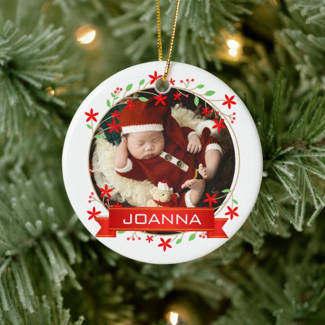 Floral Christmas Baby's First Christmas Photo Ceramic Ornament (Tree)