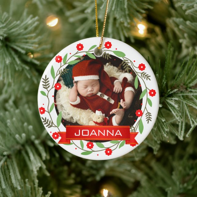 Floral Christmas Baby's First Christmas Photo Ceramic Ornament (Tree)