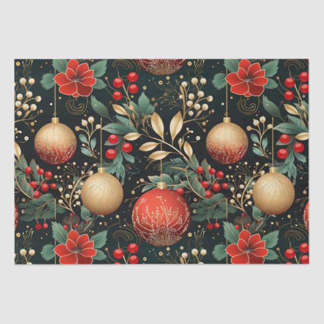 Floral Christmas Chic Pattern Red Green Gold Tissue Paper (Front)