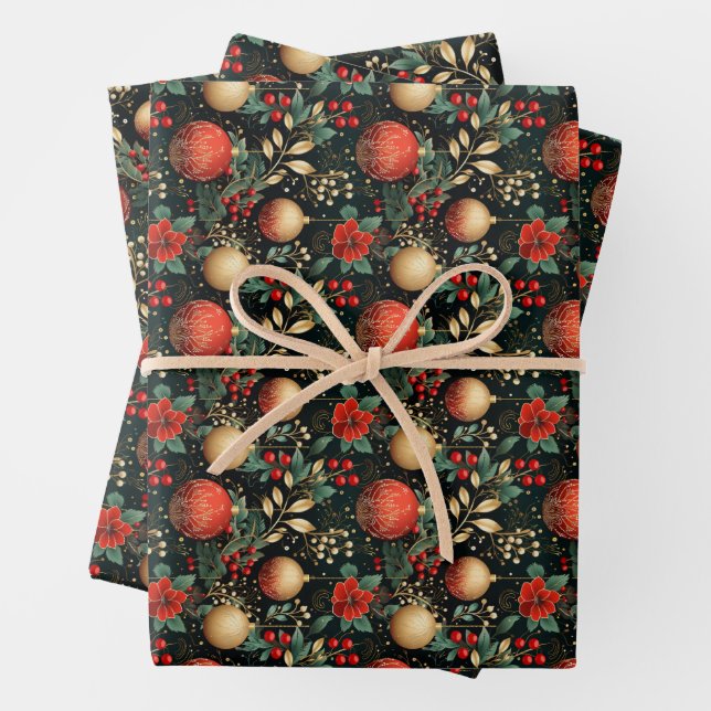Floral Christmas Chic Pattern Red Green Gold Wrapping Paper Sheet (In situ)