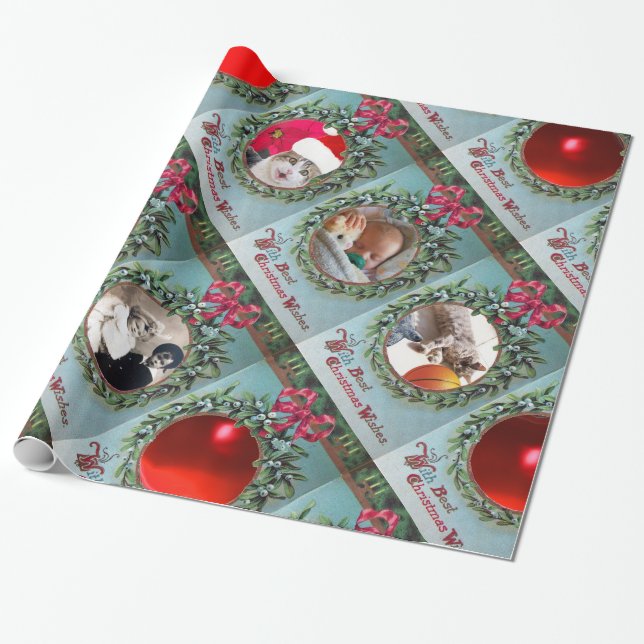 FLORAL CHRISTMAS CROWN ,RED RIBBON PHOTO TEMPLATE WRAPPING PAPER (Unrolled)