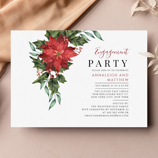 Floral Christmas Engagement Party Invitation (Floral Greenery Poinsettia Holiday Engagement Party Invitation)