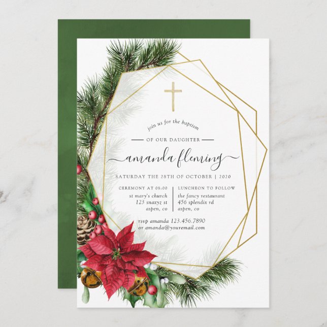Floral Christmas Geometric Baptism or Christening Invitation (Front/Back)