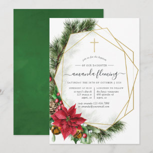 Floral Christmas Geometric Baptism or Christening Invitation