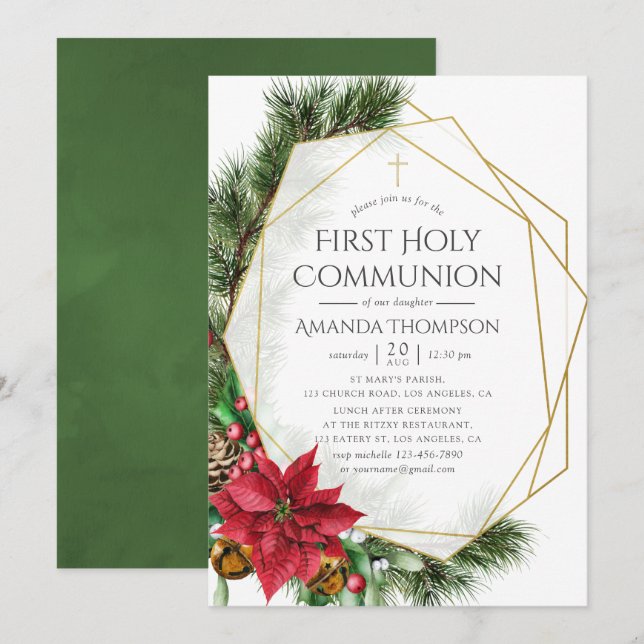 Floral Christmas Geometric First Holy Communion Invitation (Front/Back)