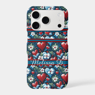 Floral Christmas Hearts in Red Blue and Green