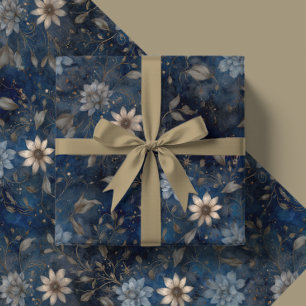Floral Christmas Midnight Blue and Cream Gift  Wrapping Paper