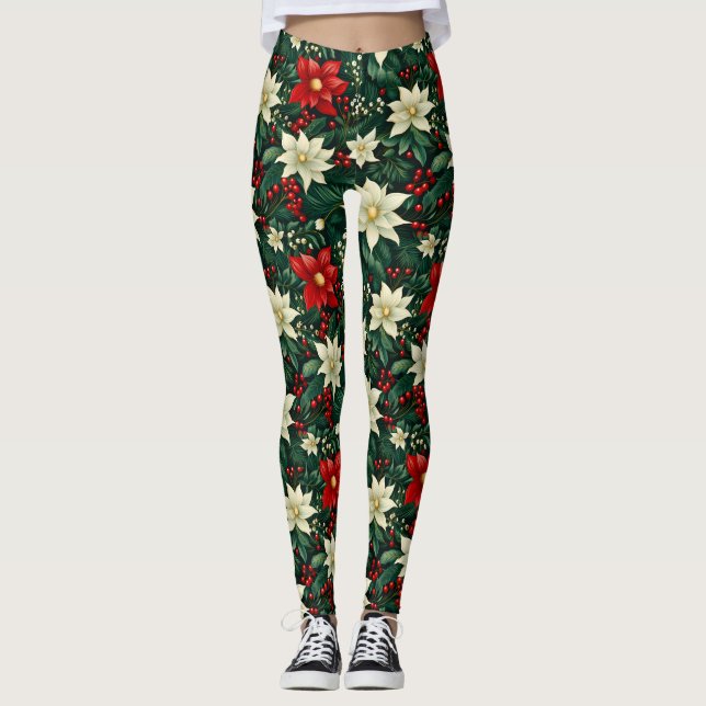Floral Christmas Pattern  Leggings (Front)