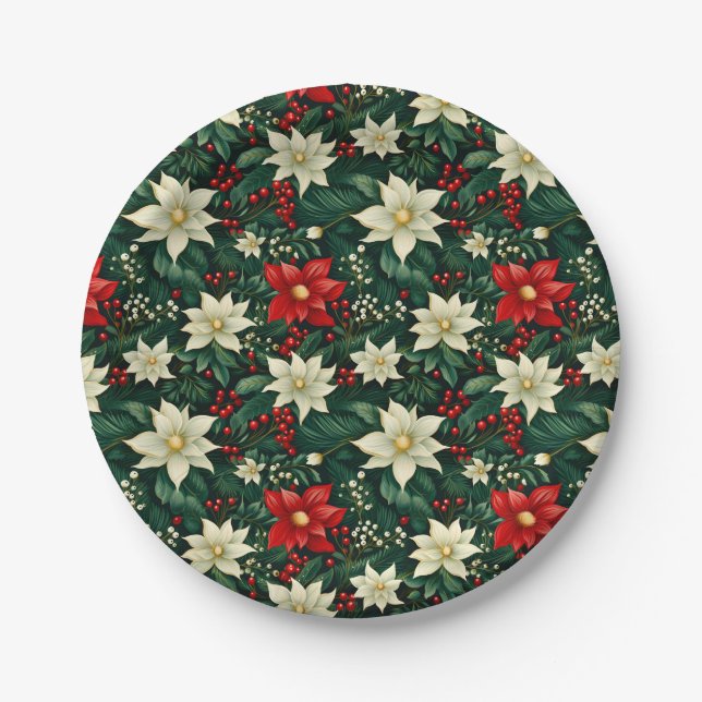 Floral Christmas Pattern  Paper Plate (Front)