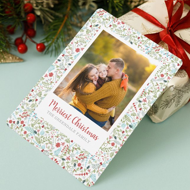 Floral Christmas Pattern Photo Holiday Card (Floral Christmas Holiday Pattern Photo)