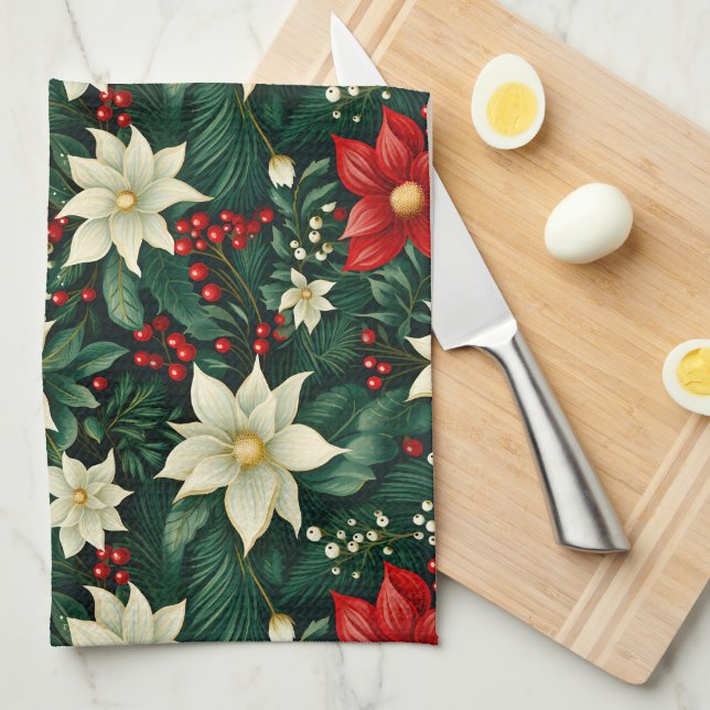 Floral Christmas Pattern  Tea Towel (Quarter Fold)