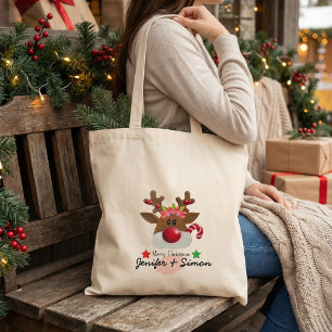 Floral Christmas personalized name reindeer Tote Bag