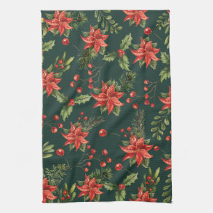 Floral Christmas Red Berries Botanical Tea Towel