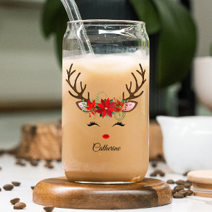 Floral Christmas Reindeer Personalised Name Can Glass