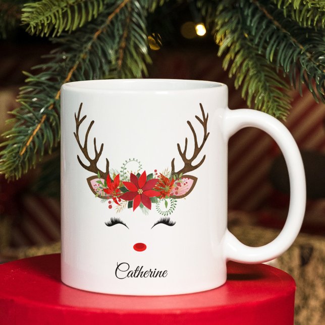 Floral Christmas Reindeer Personalised Name Large Coffee Mug (Creator Uploaded)