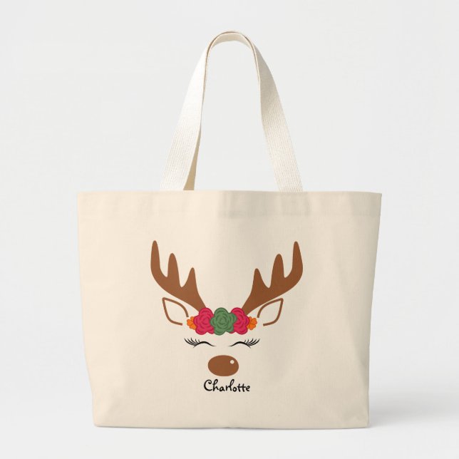Floral Christmas Reindeer Personalised Name Large Tote Bag (Front)