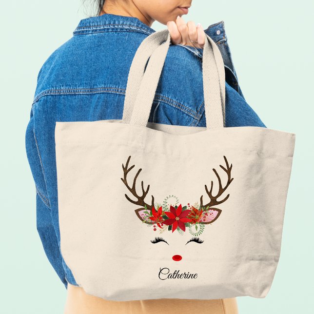 Floral Christmas Reindeer Personalised Name Large Tote Bag (Creator Uploaded)