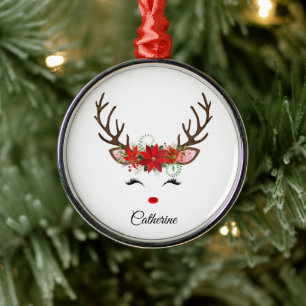 Floral Christmas Reindeer Personalised Name Metal Ornament