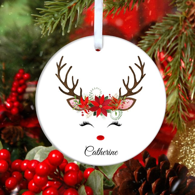 Floral Christmas Reindeer Personalised Name Metal Tree Decoration (Creator Uploaded)