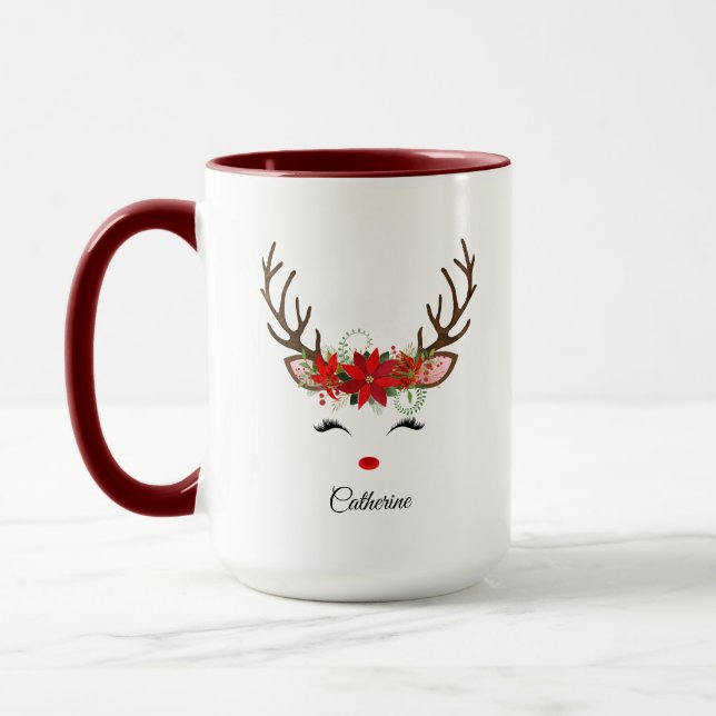 Floral Christmas Reindeer Personalised Name Mug (Left)