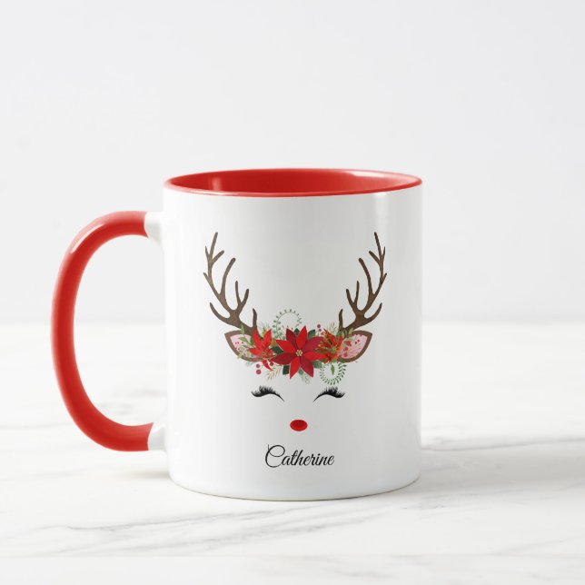 Floral Christmas Reindeer Personalised Name Mug (Left)